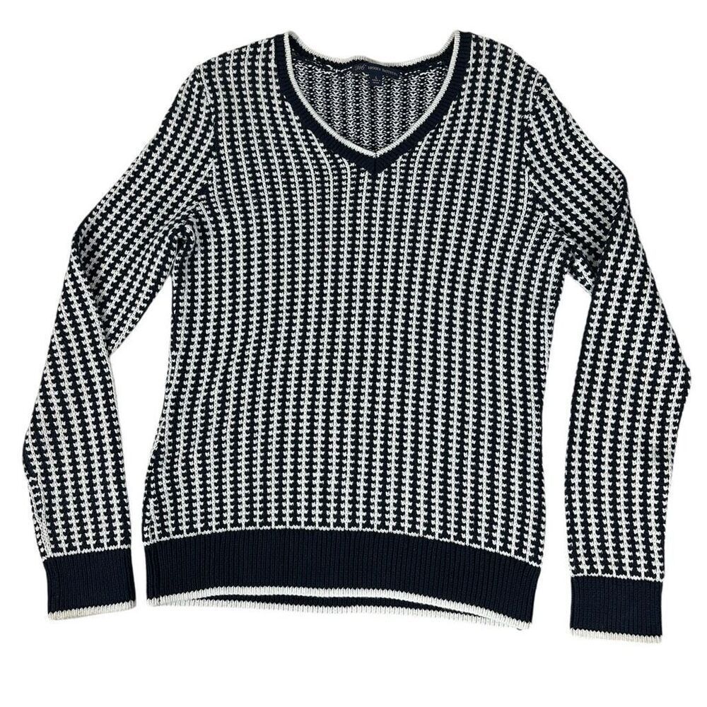 Brooks Brothers Womens Cotton Vneck Sweater size Large Navy White